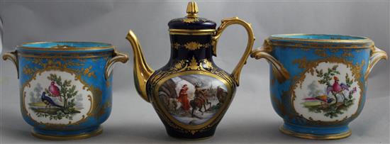 Two Sevres style porcelain wine coolers and a coffee pot and cover, 19th century, 16.5cm, 16cm, damage to coffee pot